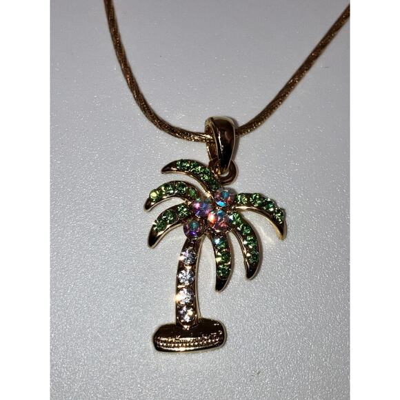 New Palm Tree Coconuts Austrian Crystal Gold-Tone Shiny Pendant Necklace! - Picture 2 of 10